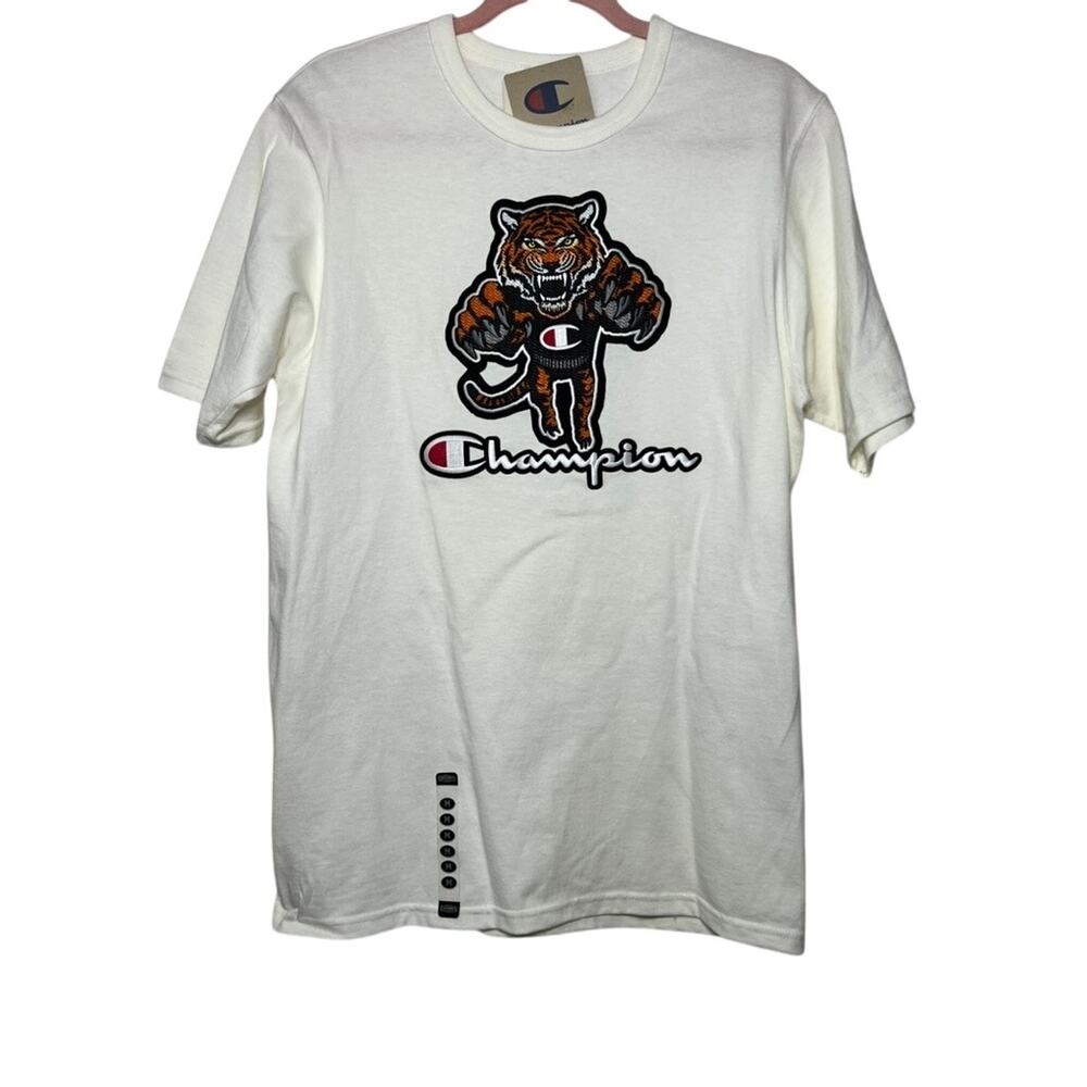 NWT Mens Champion Ivory Embroidered Orange Tiger Short Sleeve T-shirt Top Size M